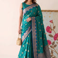 Premium Teal Blue Silk Woven Designer Saree with Zari Border for Women