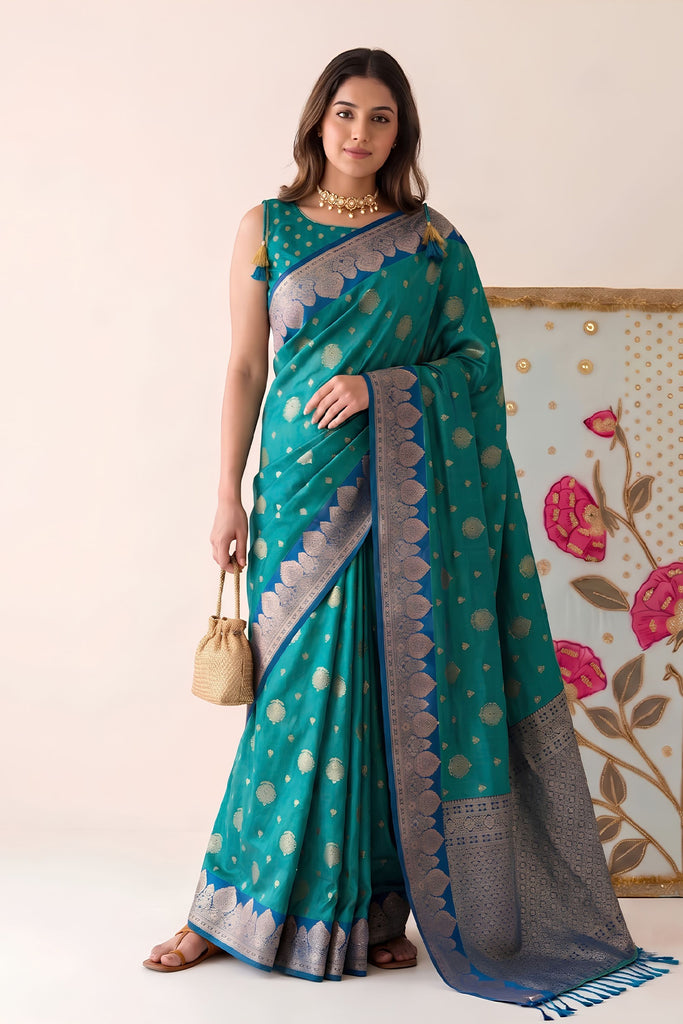 Premium Teal Blue Silk Woven Designer Saree with Zari Border for Women