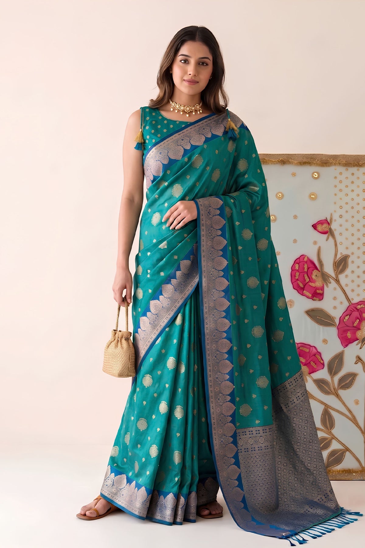 Premium Teal Blue Silk Woven Designer Saree with Zari Border for Women