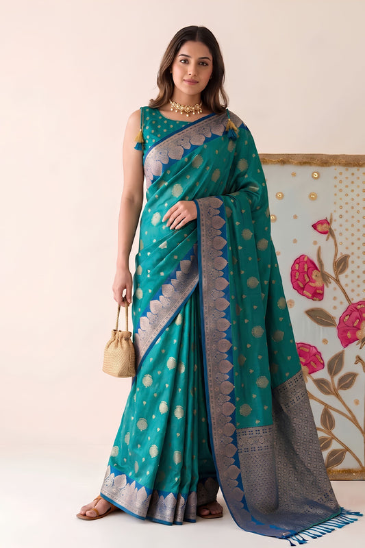 Premium Teal Blue Silk Woven Designer Saree with Zari Border for Women