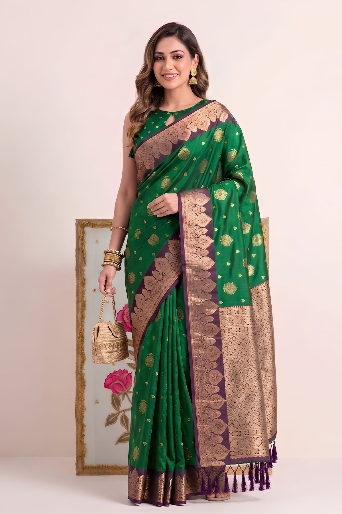 Lovely Green Silk Woven Designer Saree with Zari Border for Women
