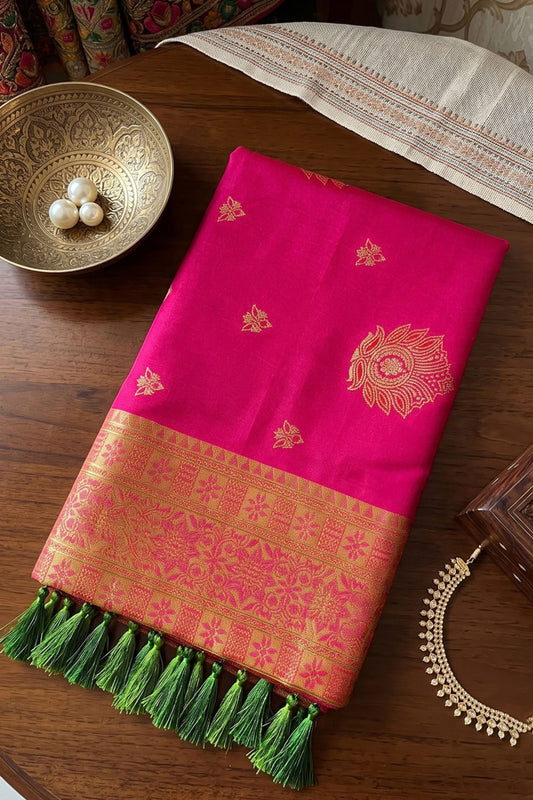 Beautiful Rani Pink Silk Woven Designer Saree with Zari Border for Women