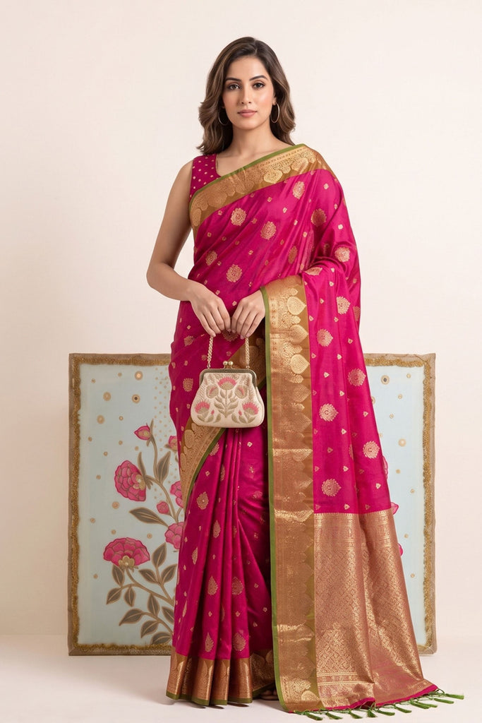 Beautiful Rani Pink Silk Woven Designer Saree with Zari Border for Women