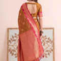Premium Brown Silk Woven Designer Saree with Pink Zari Border for Women