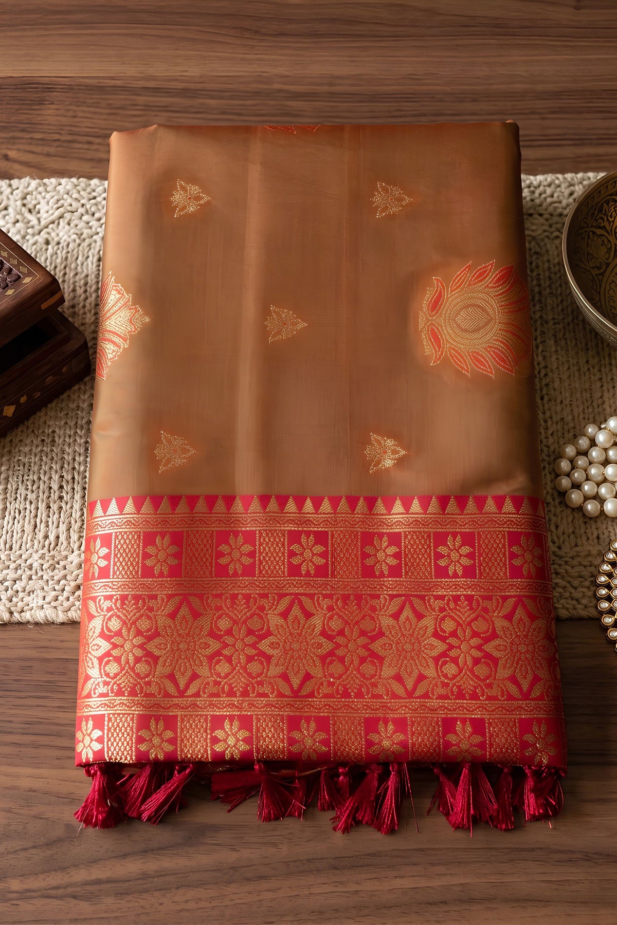 Premium Brown Silk Woven Designer Saree with Pink Zari Border for Women