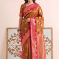 Premium Brown Silk Woven Designer Saree with Pink Zari Border for Women