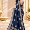 Elegant Navy Blue Satin Tissue Woven Jacquard Designer Saree for Women