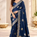 Elegant Navy Blue Satin Tissue Woven Jacquard Designer Saree for Women