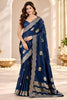Elegant Navy Blue Satin Tissue Woven Jacquard Designer Saree for Women