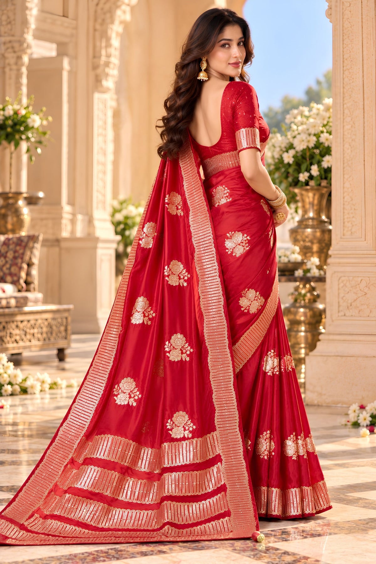 Stylish Red Satin Tissue Woven Jacquard Designer Saree for Women