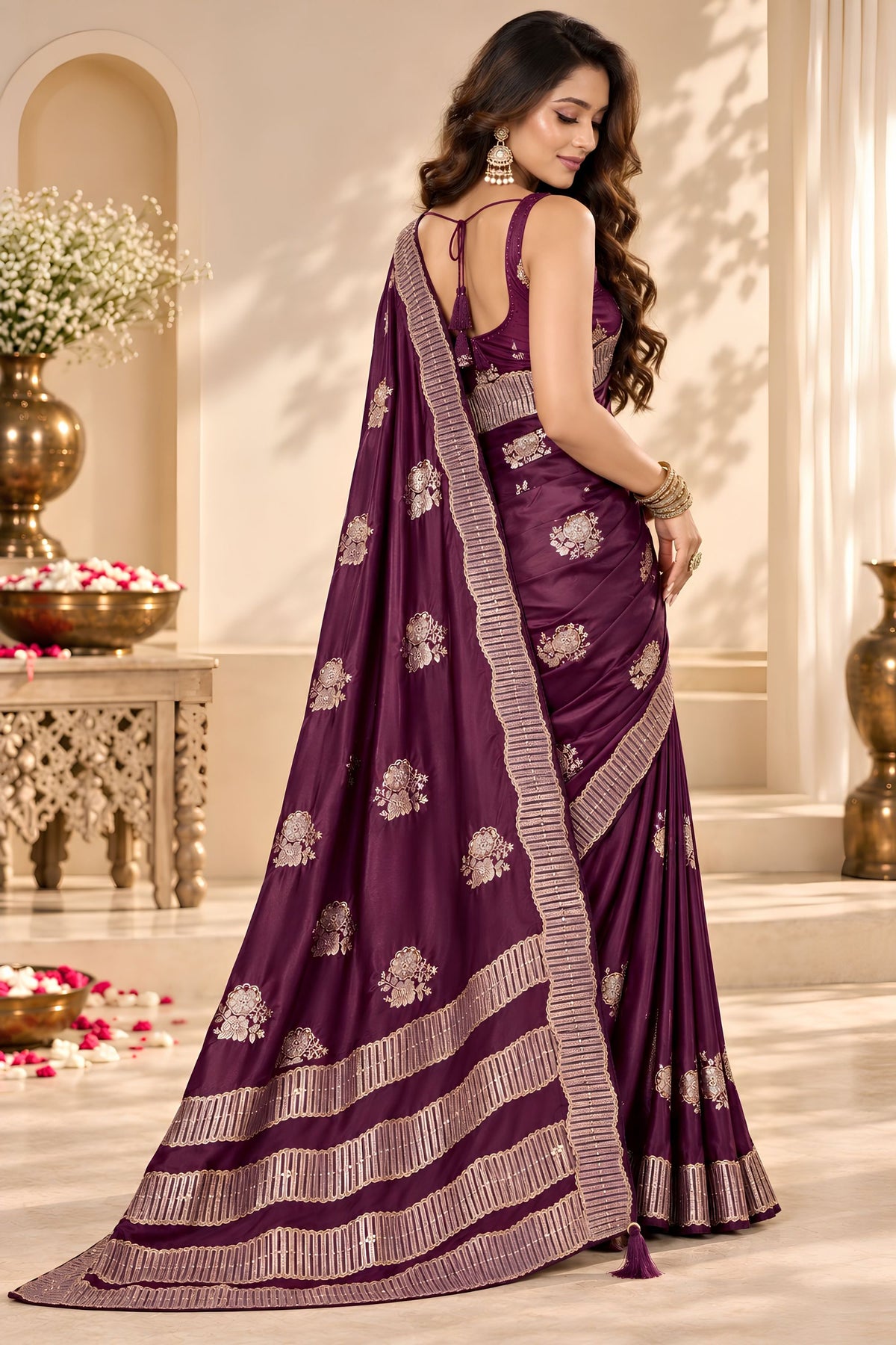 Lovely Wine Satin Tissue Woven Jacquard Designer Saree for Women