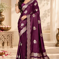 Lovely Wine Satin Tissue Woven Jacquard Designer Saree for Women