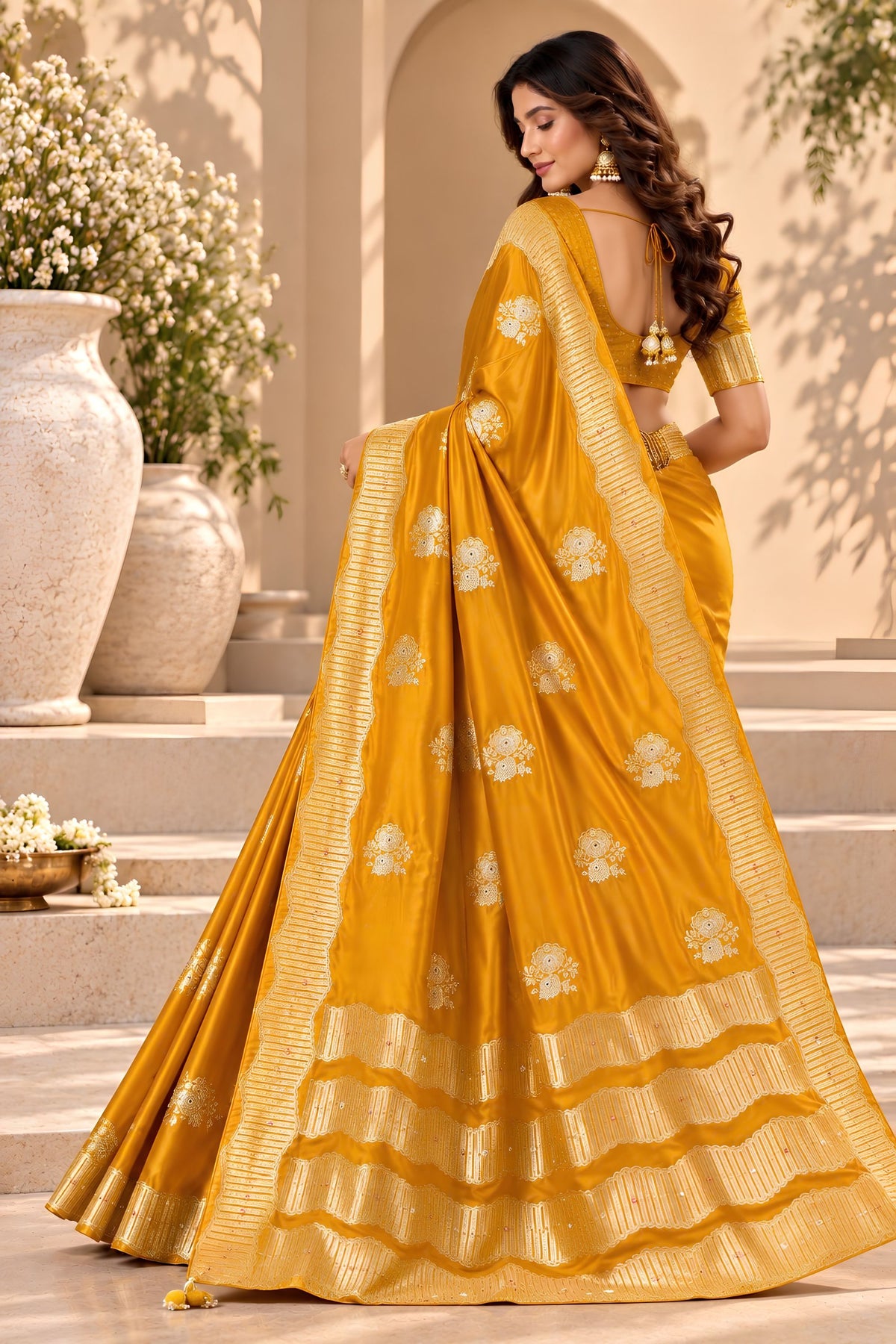 Premium Mustard Yellow Satin Tissue Woven Jacquard Designer Saree for Women