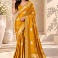 Premium Mustard Yellow Satin Tissue Woven Jacquard Designer Saree for Women