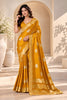 Premium Mustard Yellow Satin Tissue Woven Jacquard Designer Saree for Women