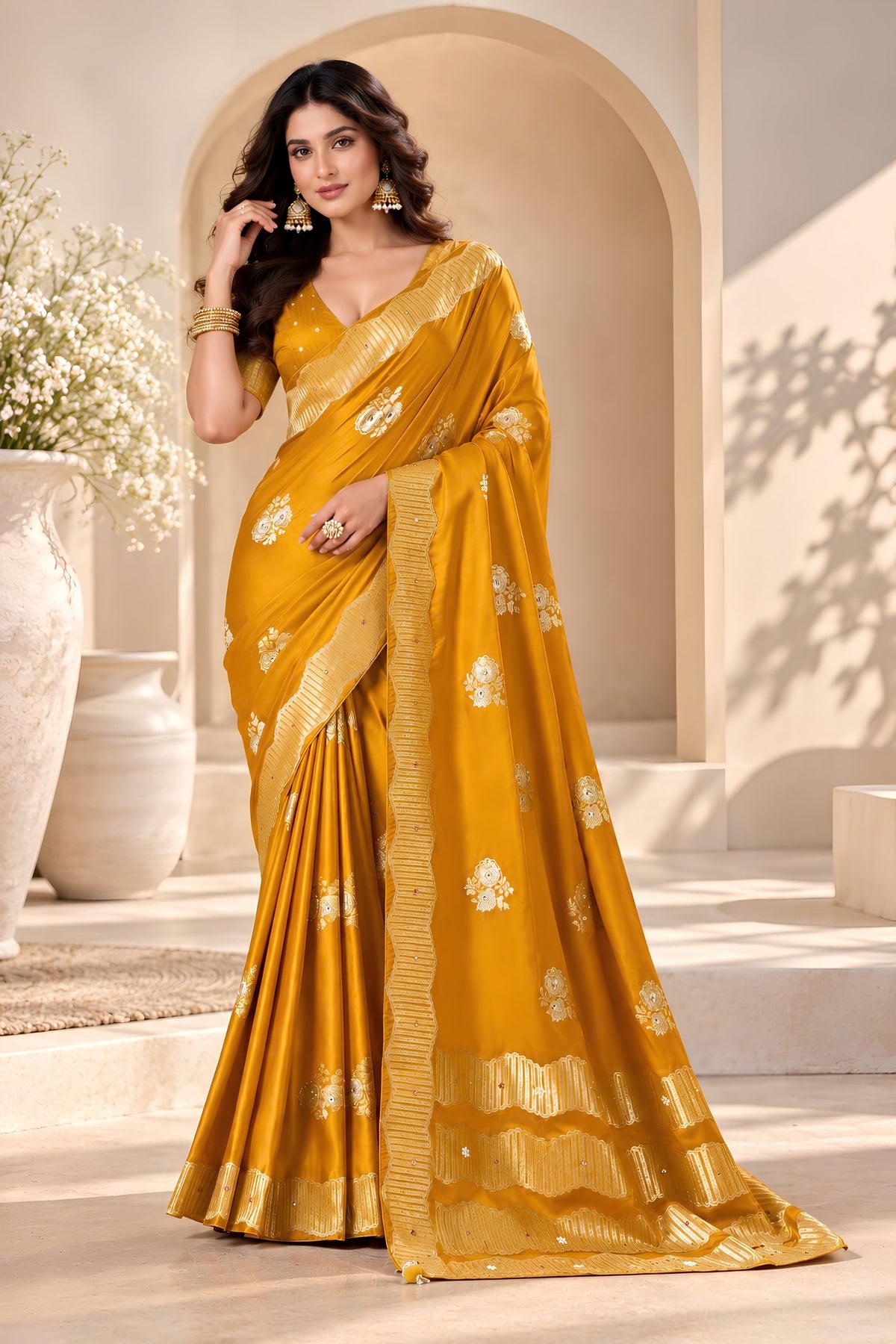 Premium Mustard Yellow Satin Tissue Woven Jacquard Designer Saree for Women