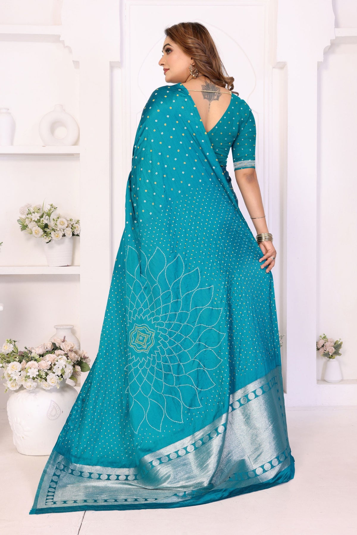 Elegant Teal Blue Satin Silk Bandhej Printed Saree with Weaving Pallu for Women