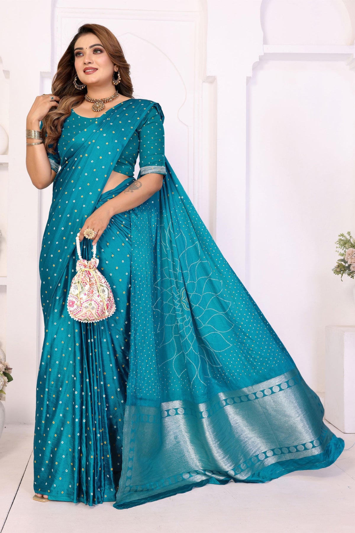 Elegant Teal Blue Satin Silk Bandhej Printed Saree with Weaving Pallu for Women