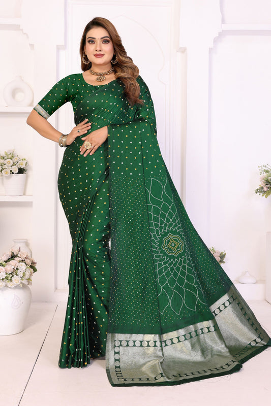 Graceful Dark Green Satin Silk Bandhej Printed Saree with Weaving Pallu for Women
