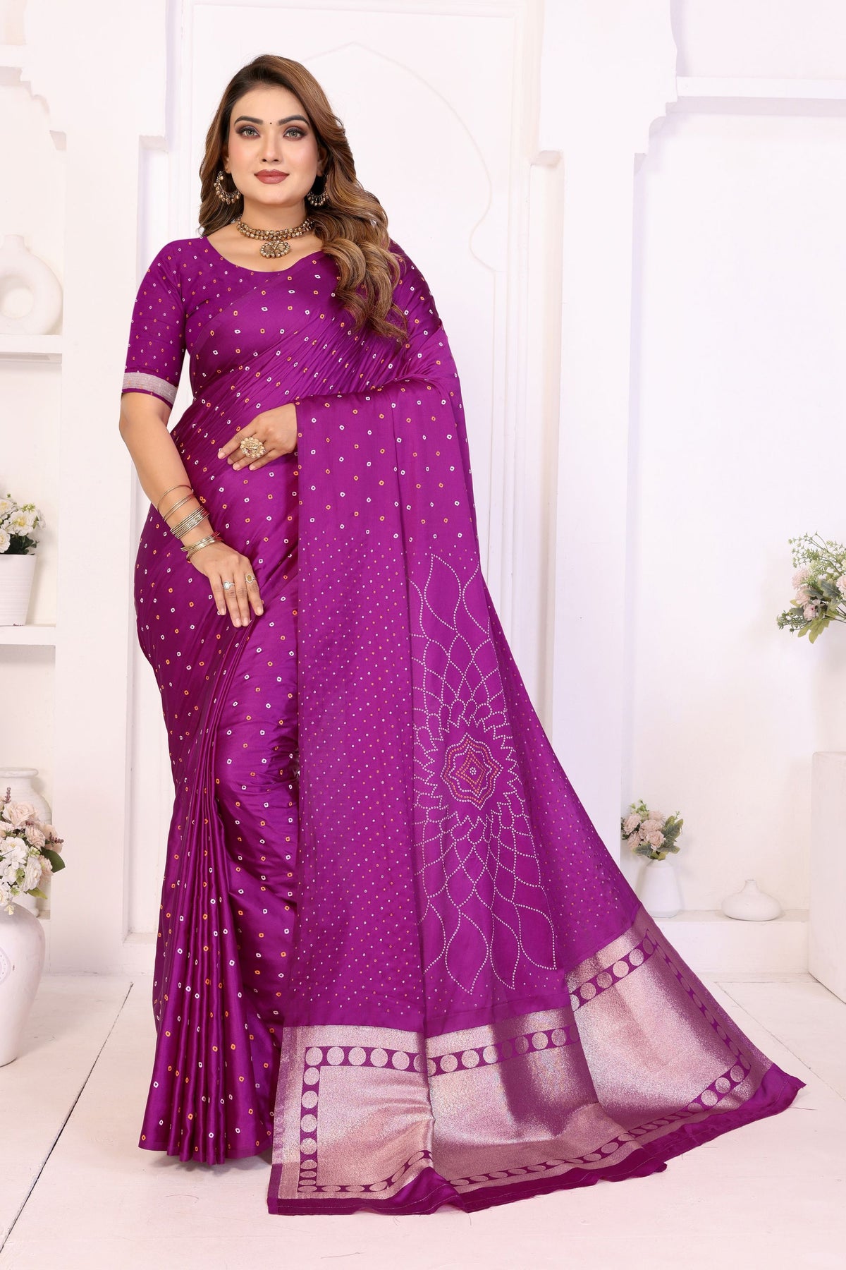 Stylish Purple Satin Silk Bandhej Printed Saree with Designer Weaving Pallu for Women