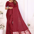 Premium Maroon Satin Silk Bandhej Printed Saree Weaving Pallu for Women