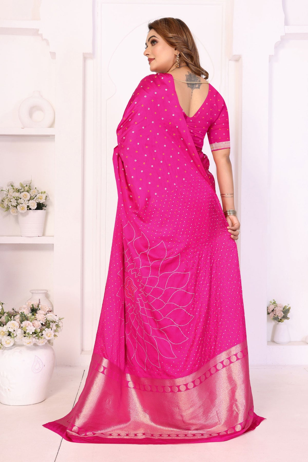 Beautiful Rani Pink Satin Silk Bandhej Printed Saree with Designer Weaving Pallu for Women