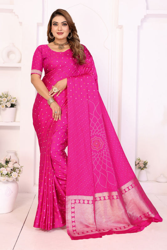 Beautiful Rani Pink Satin Silk Bandhej Printed Saree with Designer Weaving Pallu for Women