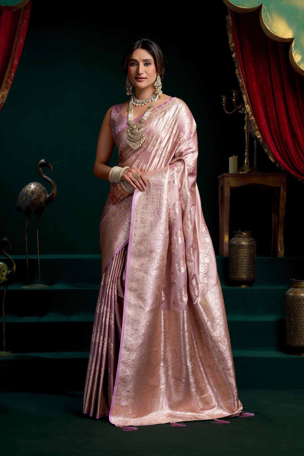 Beautiful Mauve Pink Satin Silk Zari Woven Designer Saree for Women