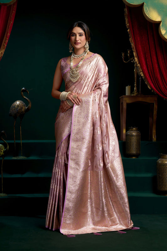 Beautiful Mauve Pink Satin Silk Zari Woven Designer Saree for Women