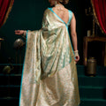 Elegant Sea Green Satin Silk Zari Woven Designer Saree for Women