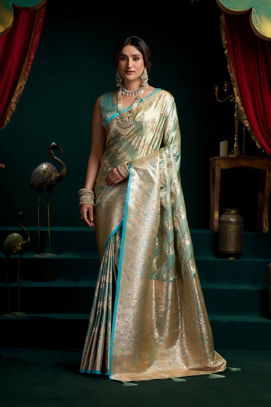 Elegant Sea Green Satin Silk Zari Woven Designer Saree for Women