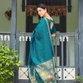 Royal Teal Blue Linen Silk Floral Printed Saree with Designer Pallu for Women