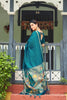 Royal Teal Blue Linen Silk Floral Printed Saree with Designer Pallu for Women