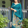 Royal Teal Blue Linen Silk Floral Printed Saree with Designer Pallu for Women