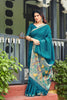 Royal Teal Blue Linen Silk Floral Printed Saree with Designer Pallu for Women