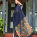 Royal Navy Blue Linen Silk Zari Weaving Designer Saree for Women