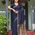 Royal Navy Blue Linen Silk Zari Weaving Designer Saree for Women