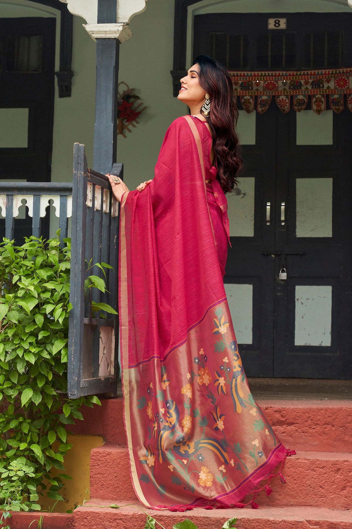 Beautiful Rani Pink Linen Silk Zari Weaving Designer Saree for Women