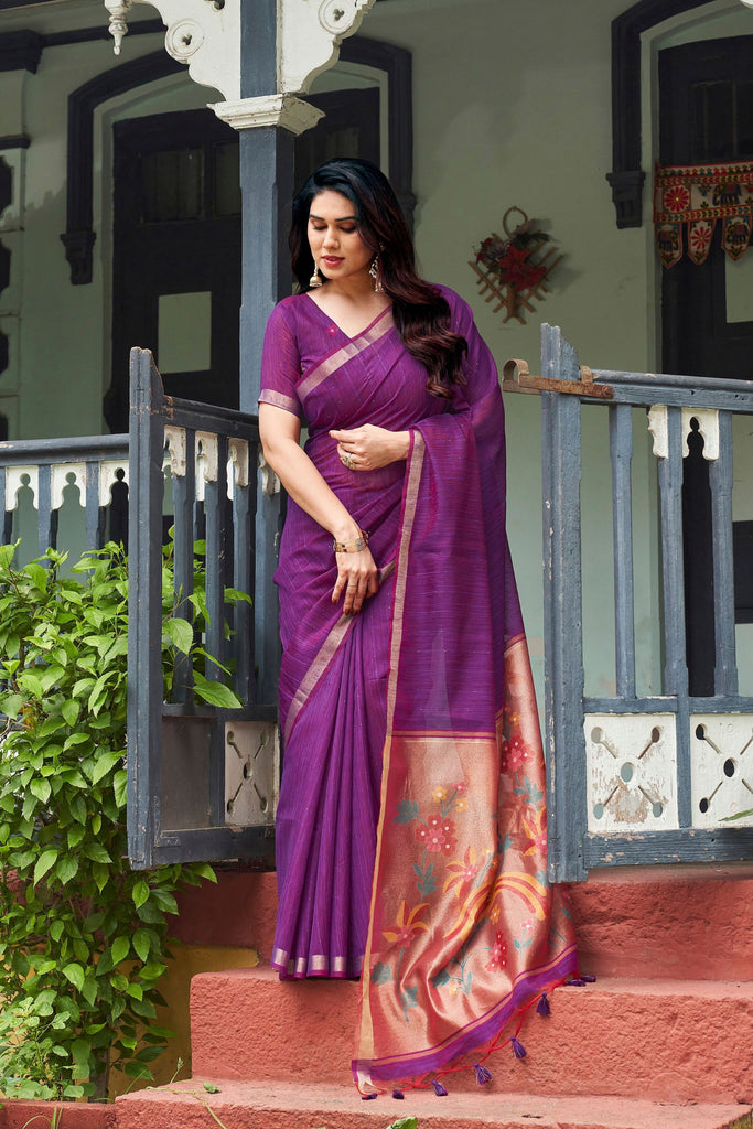 Amazing Purple Linen Silk Zari Weaving Designer Saree for Women