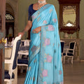 Elegant Sky Blue Satin Silk Woven Jacquard Designer Saree for Women