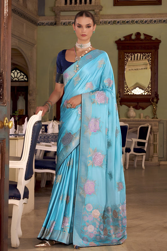 Elegant Sky Blue Satin Silk Woven Jacquard Designer Saree for Women