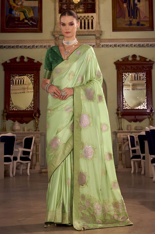 Graceful Pastel Green Satin Silk Woven Jacquard Designer Saree for Women