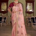 Beautiful Peach Pink Satin Silk Woven Jacquard Designer Saree for Women