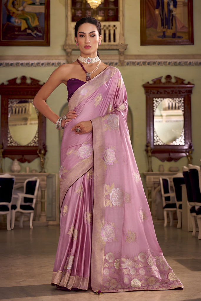 Wonderful Mauve Satin Silk Woven Jacquard Designer Saree for Women
