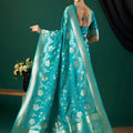 Elegant Teal Blue Crepe Silk Jari Weaving Designer Saree for Women