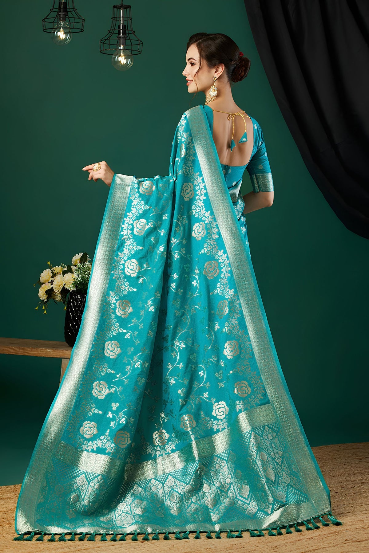 Elegant Teal Blue Crepe Silk Jari Weaving Designer Saree for Women