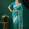 Elegant Teal Blue Crepe Silk Jari Weaving Designer Saree for Women