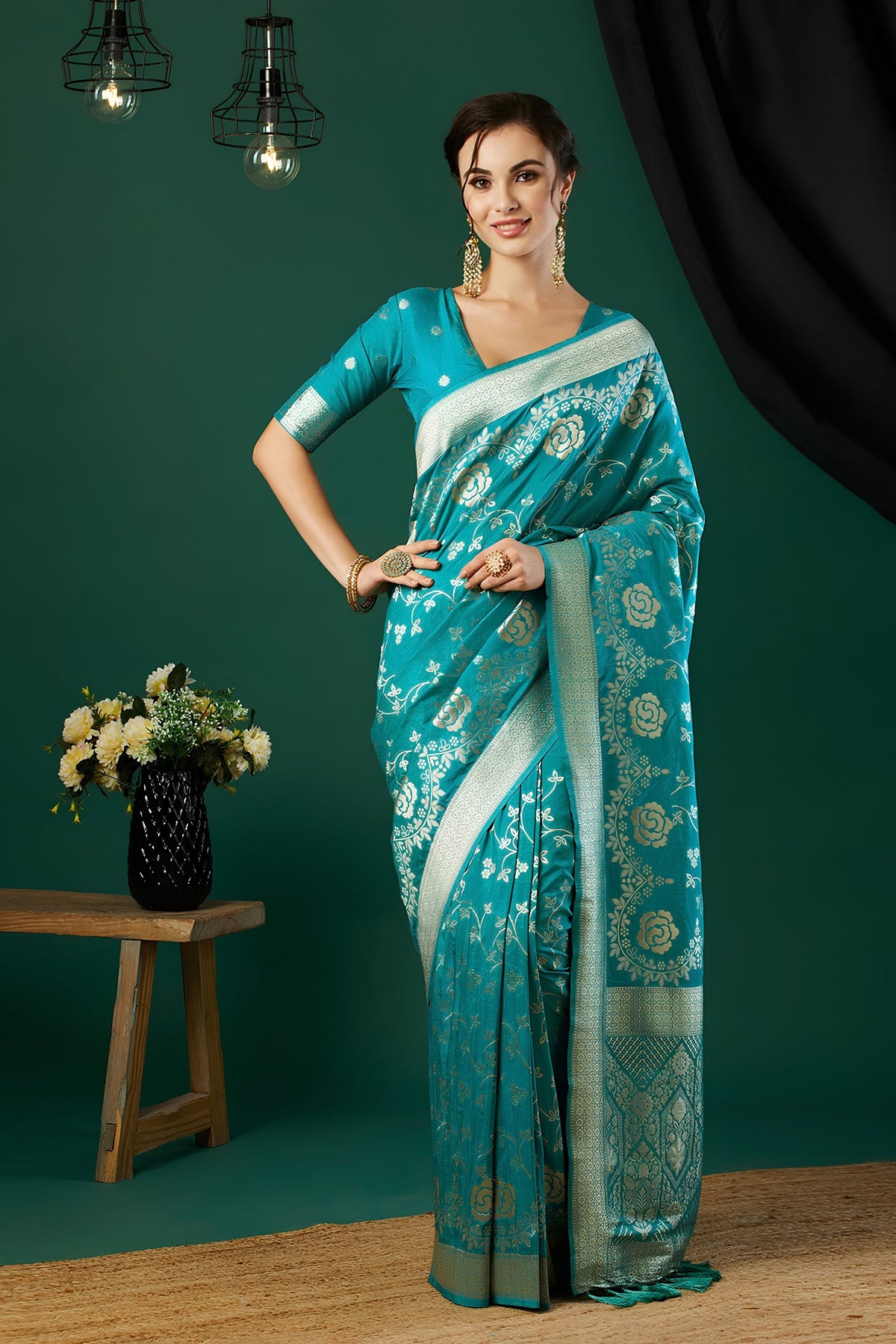 Elegant Teal Blue Crepe Silk Jari Weaving Designer Saree for Women