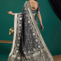 Luxury Charcoal Grey Crepe Silk Jari Weaving Designer Saree for Women