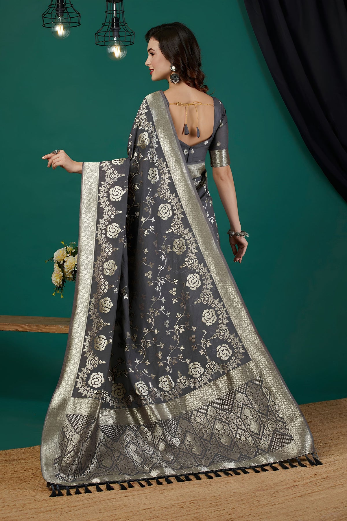 Luxury Charcoal Grey Crepe Silk Jari Weaving Designer Saree for Women